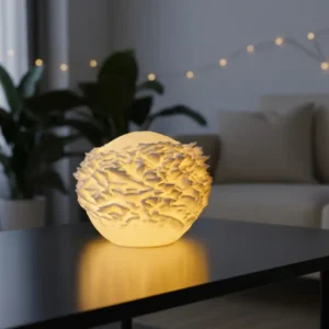 Mini lampe Coral allumée, texture organique complexe.