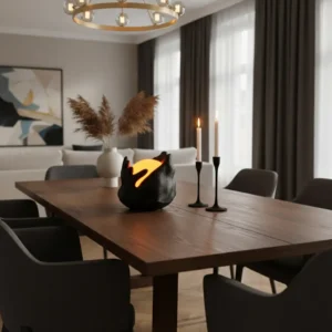 Mini lampe Magma allumée, contraste bicolore noir et orange.