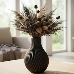 Vase Ondula en impression 3D crème disposé sur une étagère en bois.