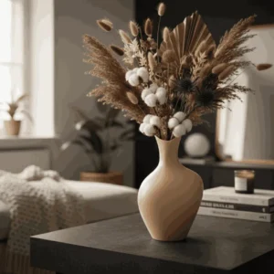 Vase Svelta élancé en impression 3D décorant une table de chevet moderne.