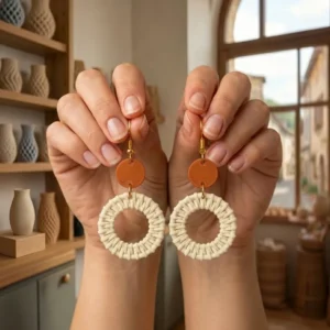 Boucles d'oreilles Bohème Rotin tenues en main pour montrer l'échelle et la taille réelle.
