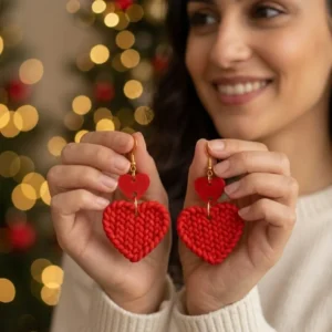 Boucles d'oreilles Cœur Tissé présentées en main pour montrer la taille et l'éclat du rouge.