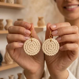 Boucles d'oreilles Spirale Tissée tenues en main pour montrer la taille et la légèreté.