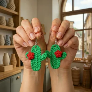 Paire de boucles d'oreilles cactus tricoté tenue en main pour montrer la taille réelle.