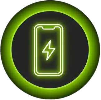 Icône style néon vert représentant un smartphone moderne affichant un éclair de chargement électrique, pour la catégorie des accessoires de bureau et high-tech.