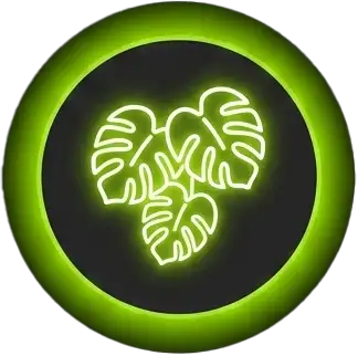 Icône style néon vert représentant trois feuilles tropicales de monstera épurées, pour la catégorie des vases organiques inspirés de la nature.