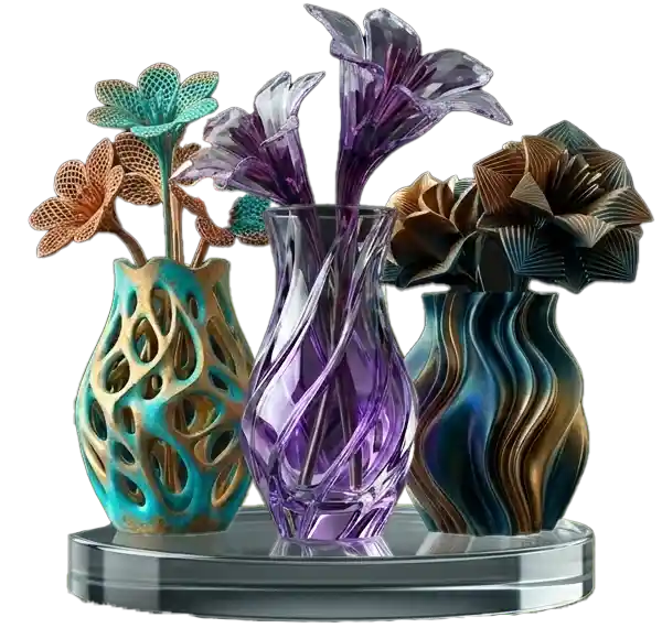 Logo avec trois Vases avec des fleurs imprimés en 3D
