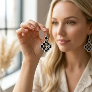 Paire de boucles d'oreilles ethniques géométriques tenue en main