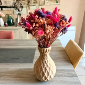 Vase fleurs séchées design Rhombus en impression 3D marron latte a facettes losanges avec fleurs