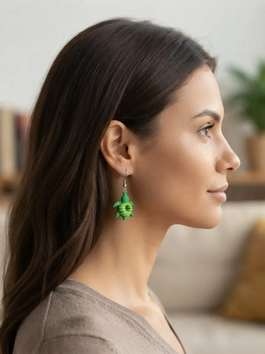 Vue détaillée des boucles d'oreilles en impression 3D représentant une tortue avec une carapace effet donut vert et jaune.