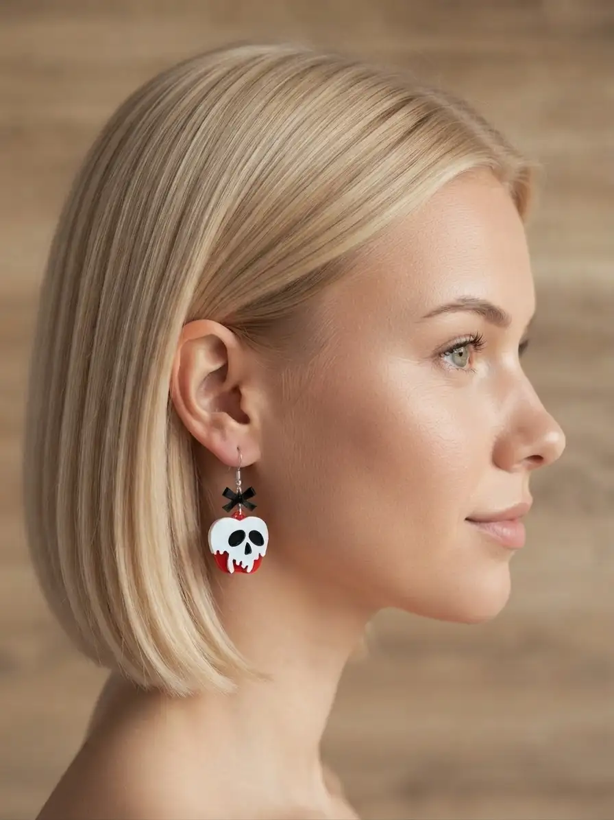 Gros plan de profil sur une femme portant les boucles d'oreilles pomme empoisonnée 3DWorlds