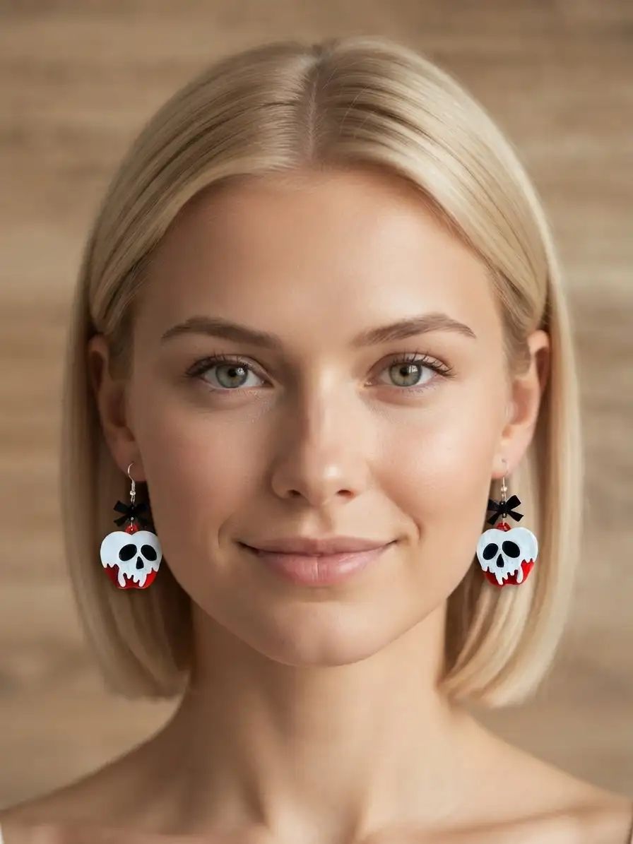 Vue de face d'une femme souriant avec les boucles d'oreilles pomme empoisonnée 3DWorlds