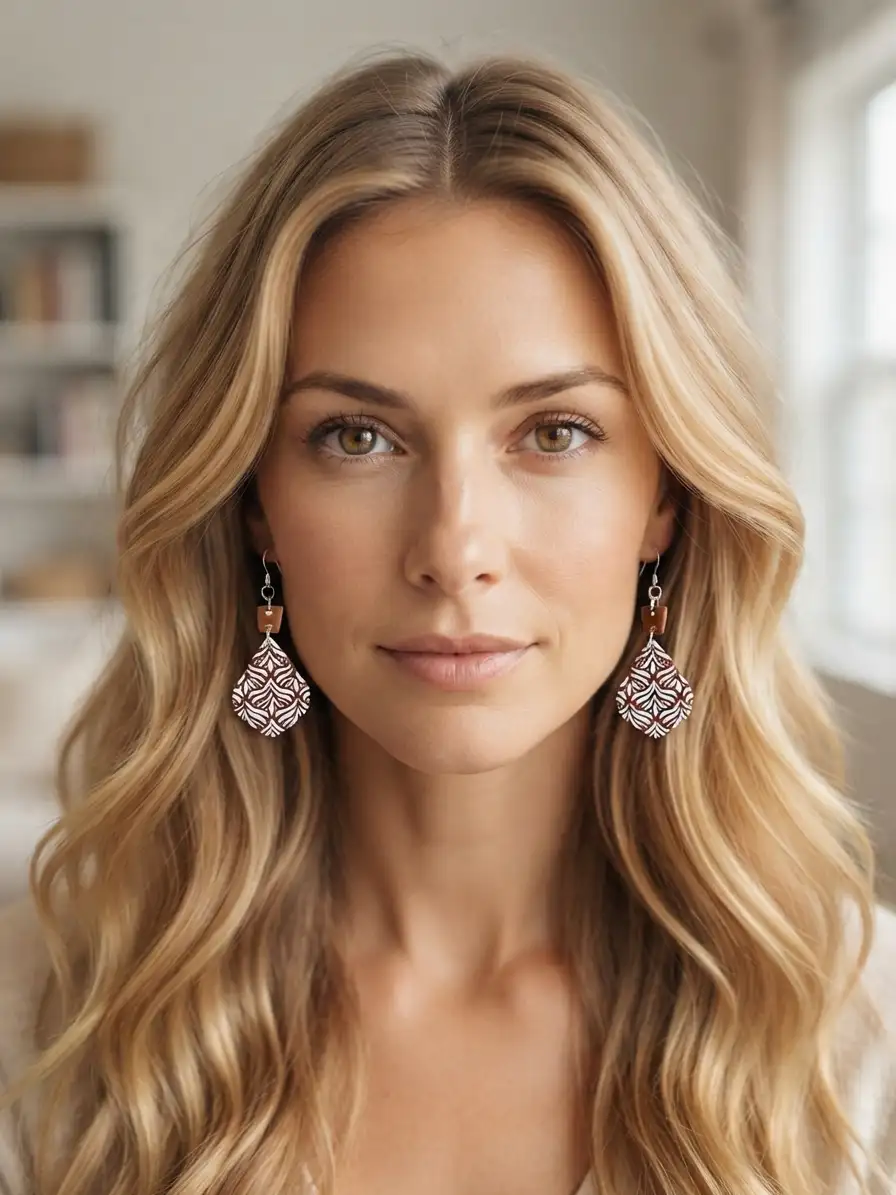 Femme portant les boucles d'oreilles pendantes Choco Bohème aux motifs géométriques marron et blanc