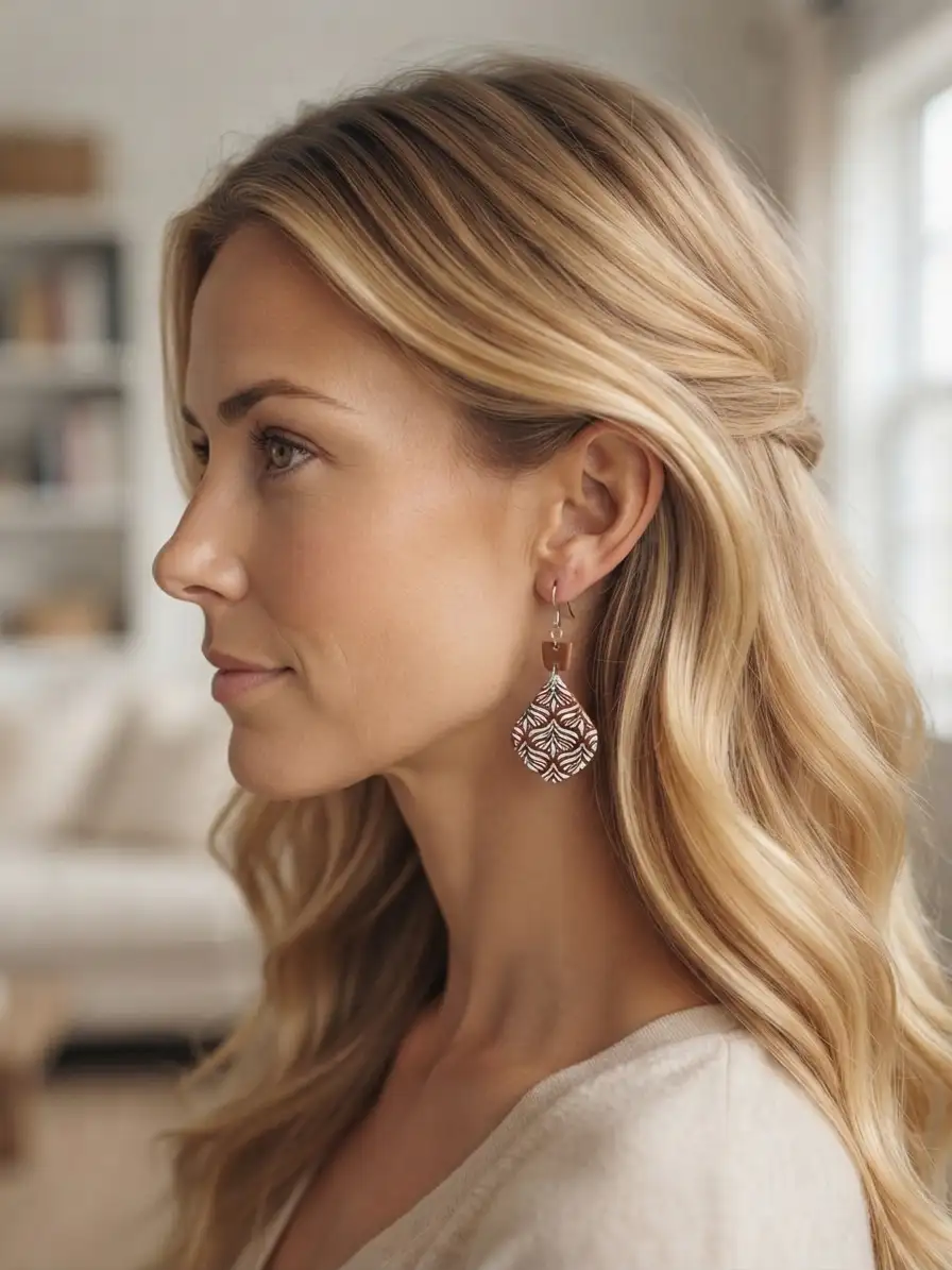 Vue de profil d'une femme portant les boucles d'oreilles légères Choco Bohème imprimées en 3D