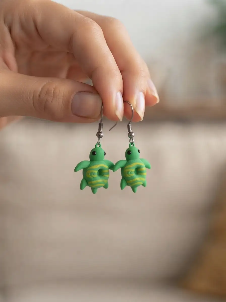 Gros plan sur les boucles d'oreilles tortue donuts bicolores portées à l'oreille, montrant leur légèreté et leur design original.