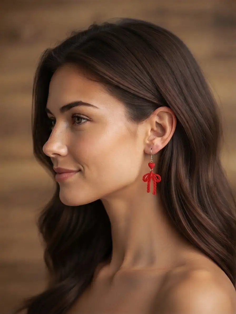 Profil d'une femme portant les boucles d'oreilles fantaisie Ruban d'Amour