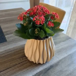 Cache-pot design cannelé Soline beige en impression 3D rempli de fleurs rouges