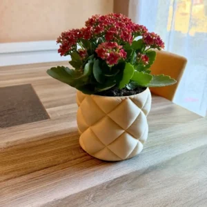 Cache-pot design matelassé Capitole beige en impression 3D rempli de fleurs rouges