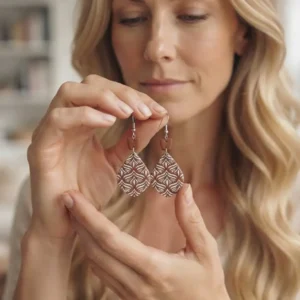 Gros plan sur les finitions et les motifs ciselés des boucles d'oreilles Choco Bohème en PLA biosourcé